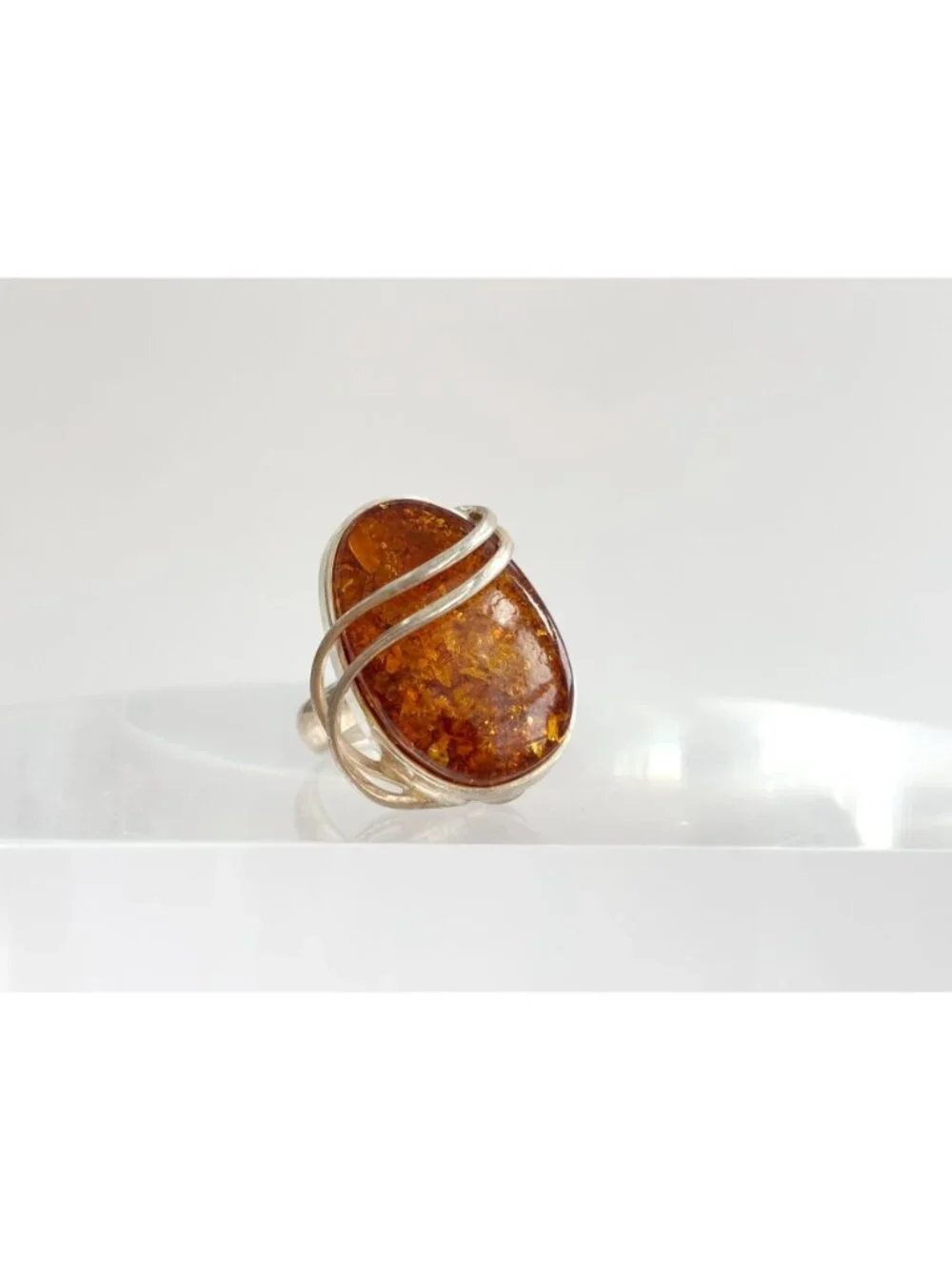 Modernist Genuine Baltic Amber Stone Sterling Silver 925 Vintage Ring - sz 7.5